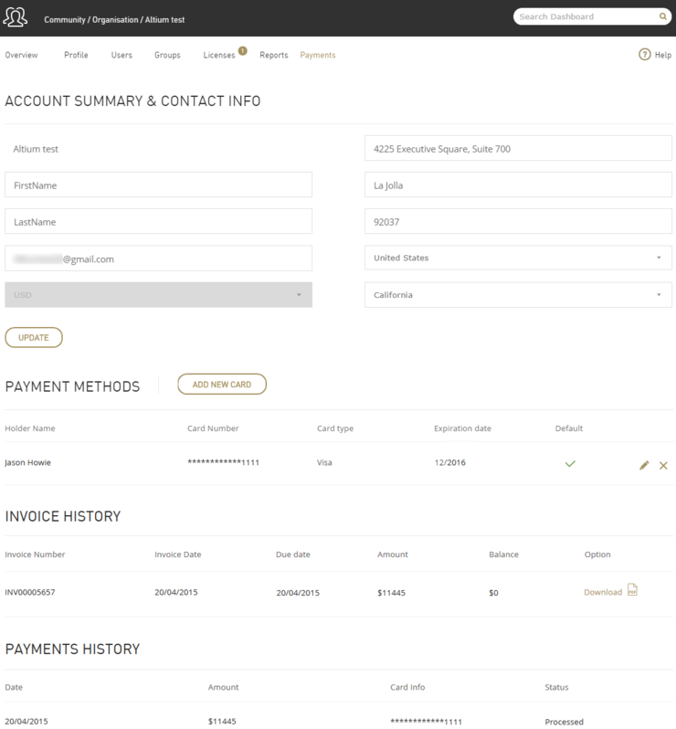 在使用Altium Online Payments向导完成后，Dashboard的Payments页面会显示完整的财务档案。

通过向导购买的订阅的发票和付款条目分别显示在Invoice History和Payments History中。