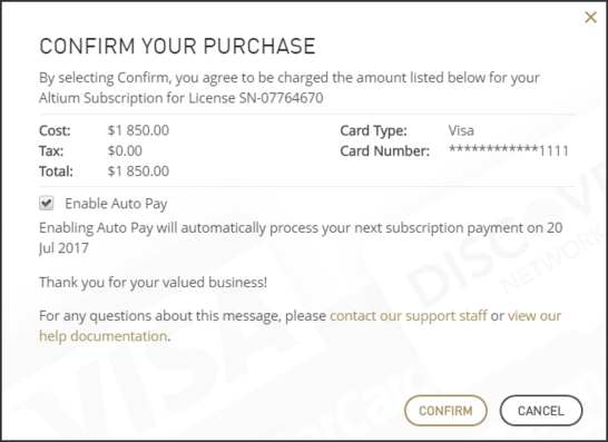 Confirm your purchase to effect payment of your license's subscription.