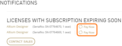 Pay for your subscription from the notification entry for the license.