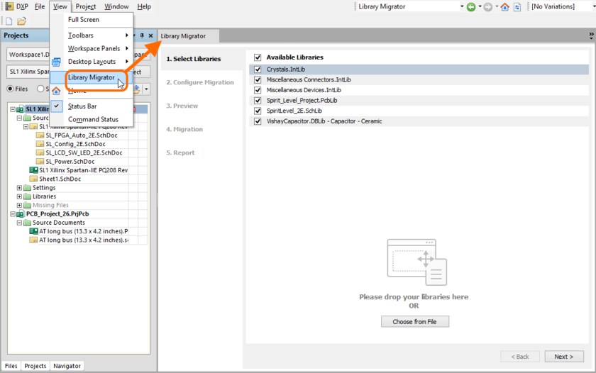 Accessing the Library Migrator view - the user interface to the component migration process.