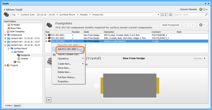 Accessing the command to launch direct editing of an existing revision of a Footprint Item.