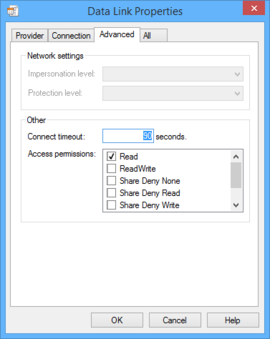 The four tabs of the Data Link Properties dialog