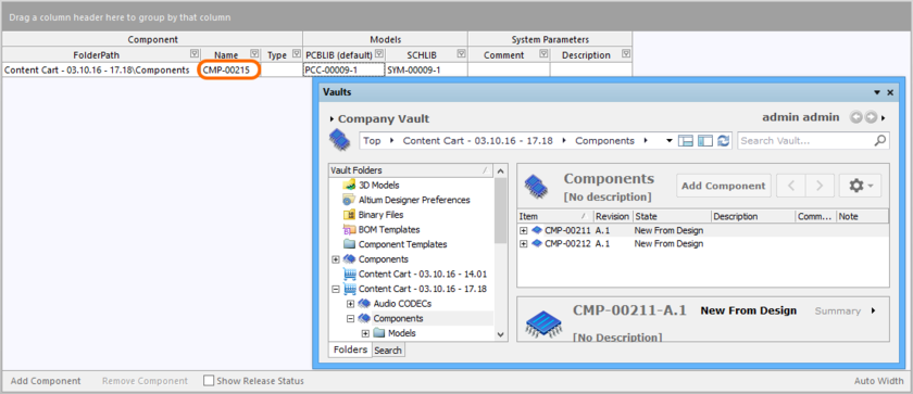 User admin admin is also creating a new Vault component, and has manually changed the ID to CMP-00215.