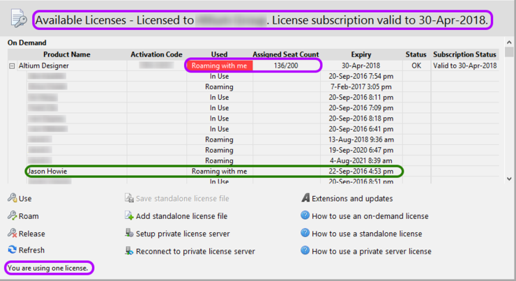 The Available Licenses region will update to reflect your use of a seat of the selected license in Roaming mode. The Expiry column indicates when roaming

time will expire.