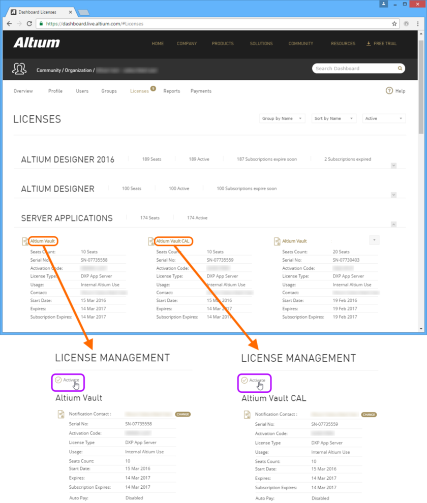 Activate the applicable licenses to acquire the license files needed. In the image above, two licenses are being activated - the Server License (Altium Vault) and Client Access

License (Altium Vault CAL) for a standard intsallation of the Altium Vault, with a Firebird database back end.