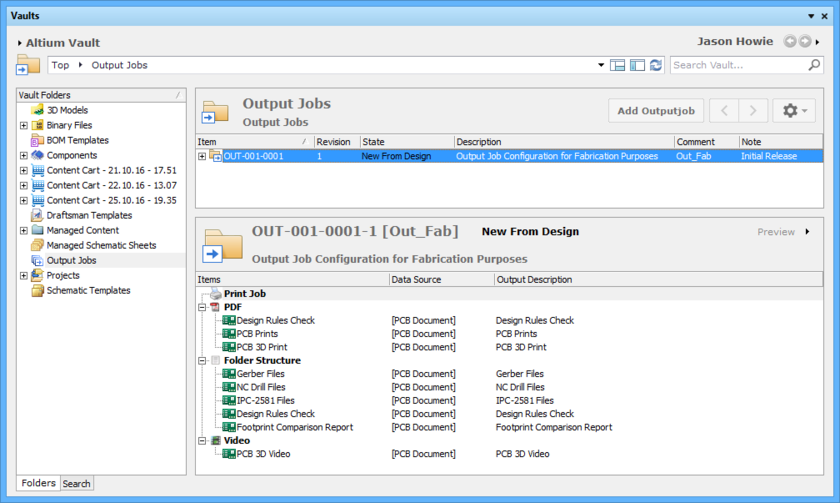 Browse the released revision of the Outputjob Item, back in the Vaults panel. Switch to the Preview aspect view to see the outputs contained within the configuration.