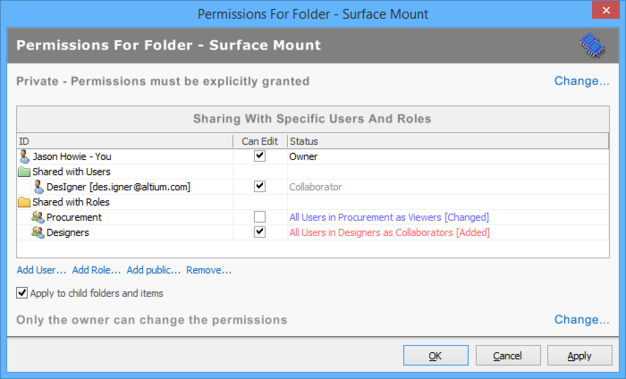 Example changes made to the permissions list for a folder, for the Vaults panel interface.
