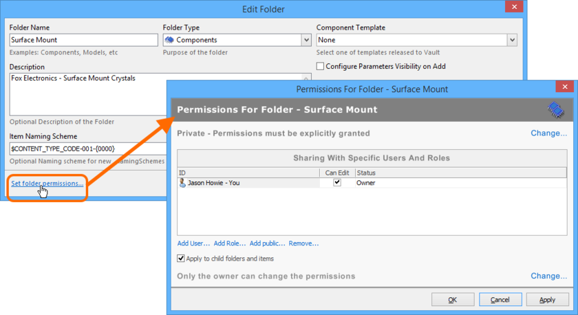 Access the Permissions For Folder dialog, with which to control how the folder is shared with others.