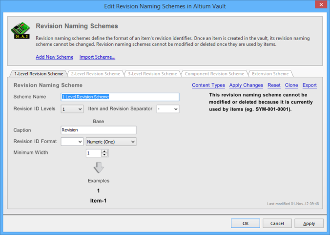 Revision Naming Schemes are defined and managed in the Edit Revision Naming Schemes dialog.