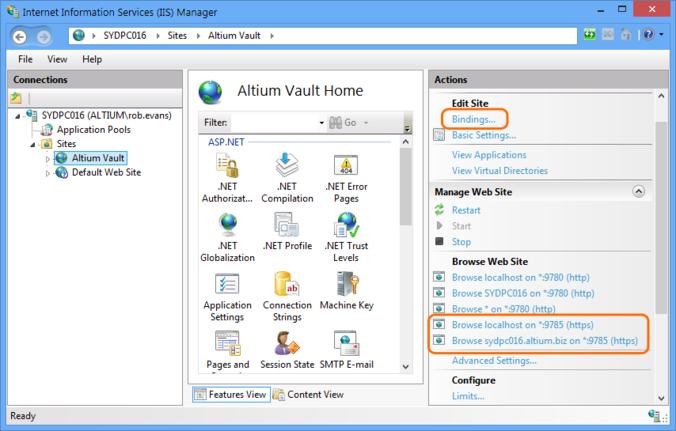 Access configuration and server binding settings for the Altium Vault.
