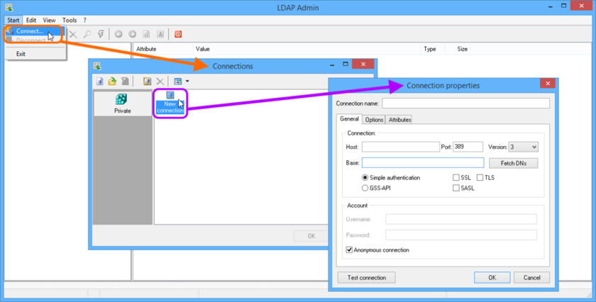 Creating a new connection within the LDAP Admin utility.