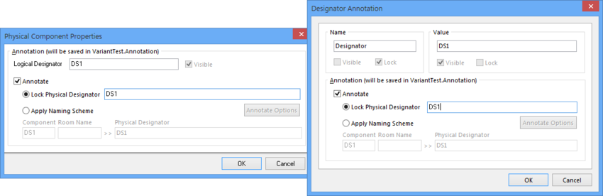 Both the associated component and designator dialogs provide access to designator editing and annotation options.