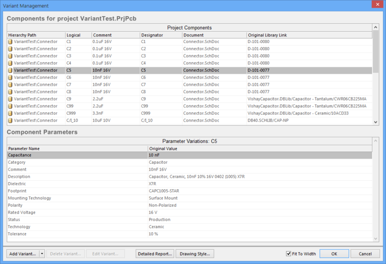 Variants are created and configured in the Variant Management dialog.