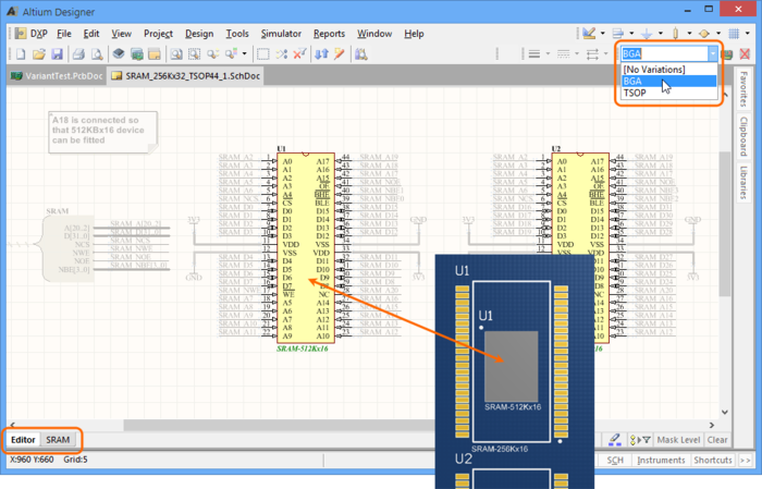The schematic editor's physical design view. The dim level for the uneditable objects is set in the Schematic – Compiler page of the Preferences dialog (DXP » Preferences).