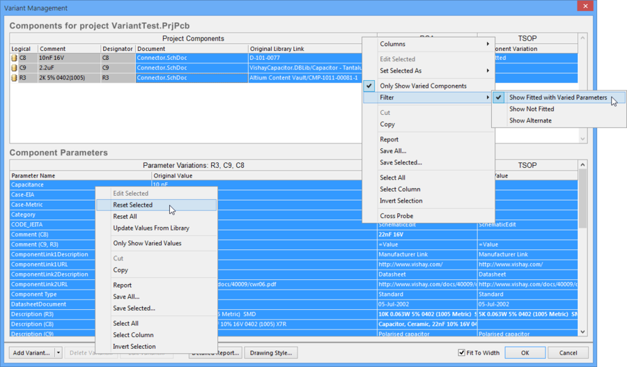 Resetting all manually varied parameters, for all components, in all variants.