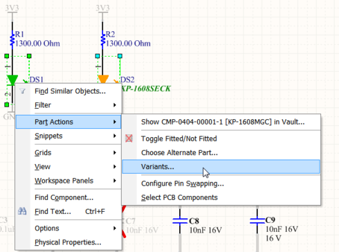 Here, two components (LEDs) have been selected on the schematic – the right-click Variant command will open just those components in the Variant Management dialog.