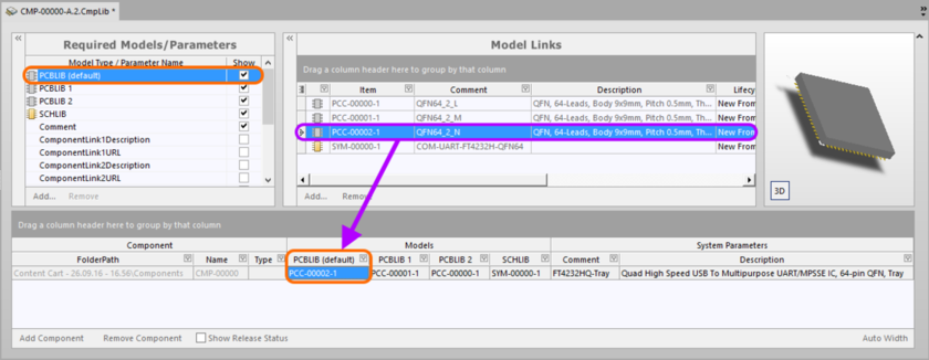 For a vault component with multiple footprint model references, you can now specify which of those model links is the default.