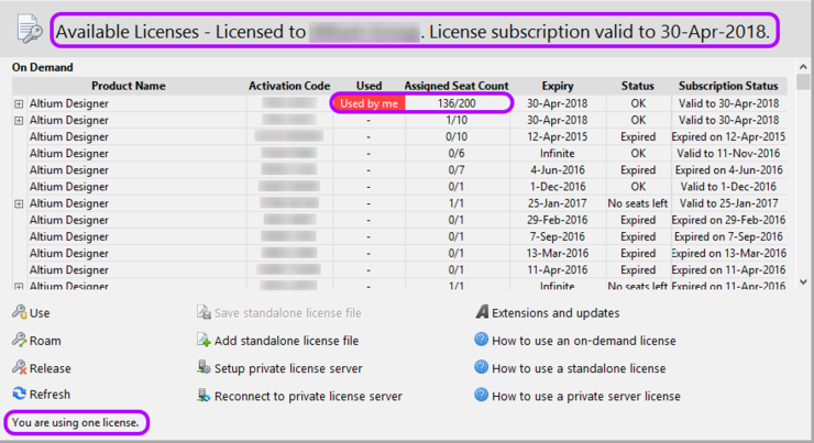 The Available Licenses region will update to reflect your use of a seat of the selected license in On-Demand mode.