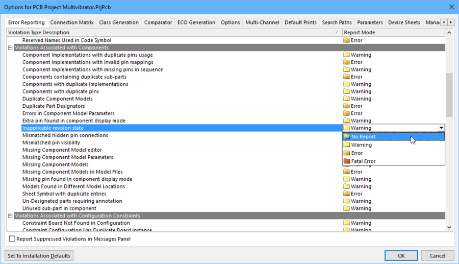 Configure the Error Reporting tab to detect for design errors when the project is compiled.