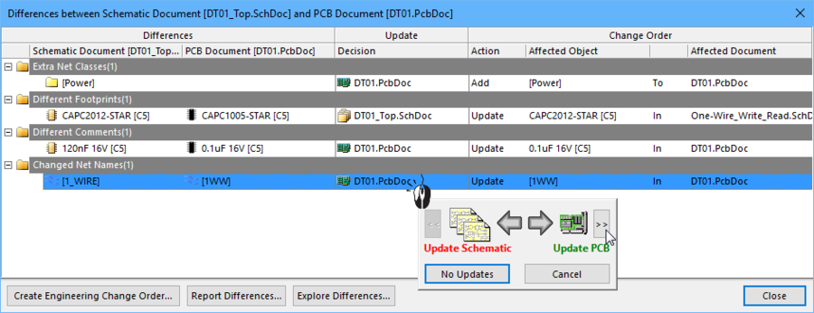 For each difference, the Update direction must be set for an ECO to be created to resolve that difference.