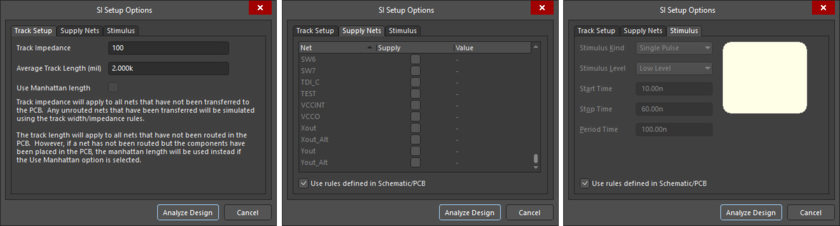 The tabs of the SI Setup Options dialog when accessed in schematic only mode