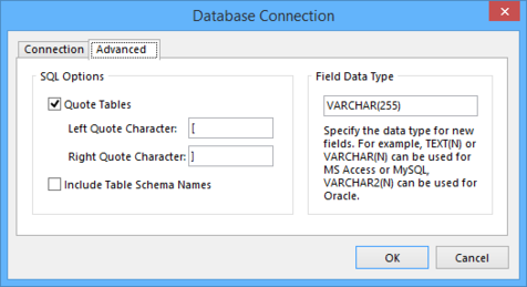 The Advanced tab of the Database Connection dialog provides additional SQL options for quoting

tables, or using table schema names, in a constructed Where clause.