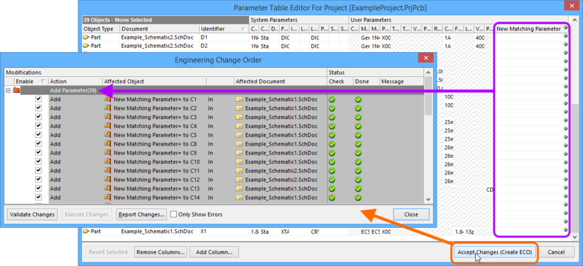 Executing the parameter changes (adding the new parameter to all parts) through an Engineering Change Order.