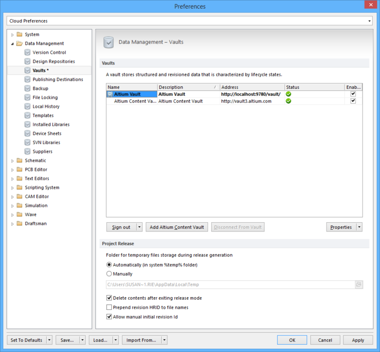 The Data Management - Vaults page of the Preferences dialog
