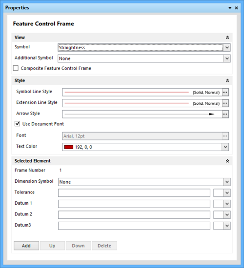 The Feature Control Frame mode of the Properties panel