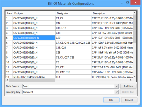 The Bill Of Material Configurations dialog