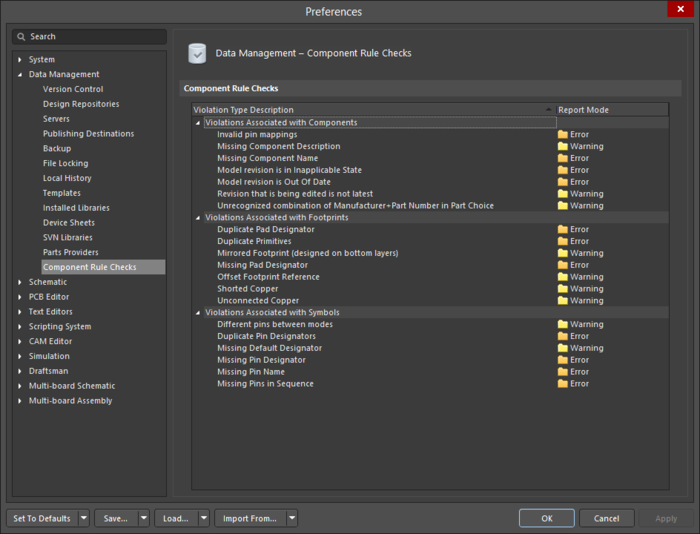 The Data Management - Component Rule Checks page of the Preferences dialog