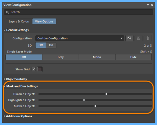 Mask and Dim Settings in the View Configuration panel