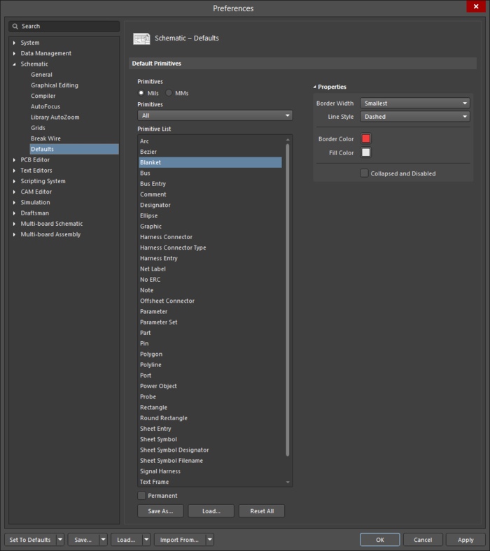 The Blanket primitive default settings region of the Schematic - Defaults page of the Preferences dialog