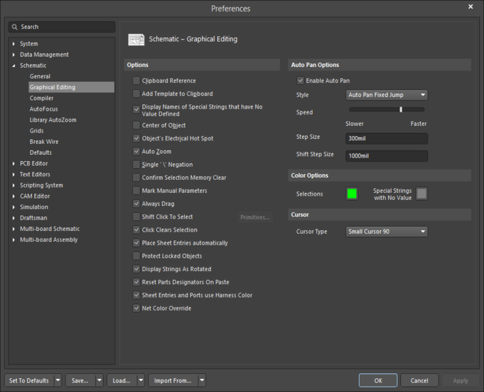 Hover over the image to see the previous version of the Schematic - Graphical Editing  Preferences page.