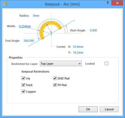 The Arc dialog, as accessed while placing a standard Arc (left) and as access while placing a Keeptout Arc (right).