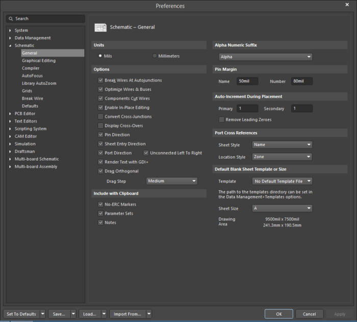 The Schematic - General page of the Preferences dialog