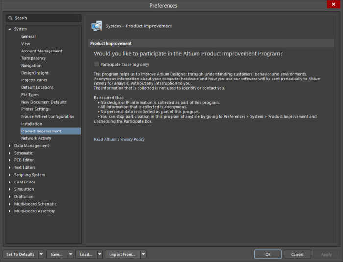 The System - Product Improvement page of the Preferences dialog