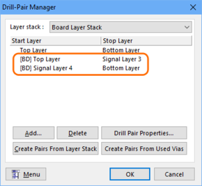 Created Back Drill Pairs (marked with a 'BD' prefix) in the Layer Stack Manager Drill Pair dialog.