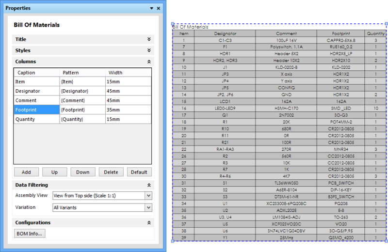 Manipulate the columns of a placed BOM Table in the Columns section of the Properties panel.