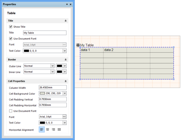 Configure the Table style to suit through the Properties dialog.