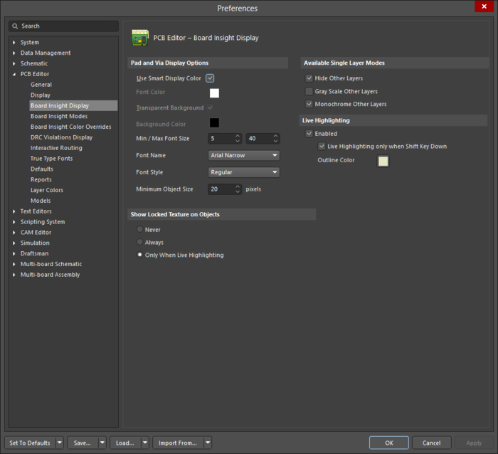 The PCB Editor - Board Insight Display page of the Preferences dialog