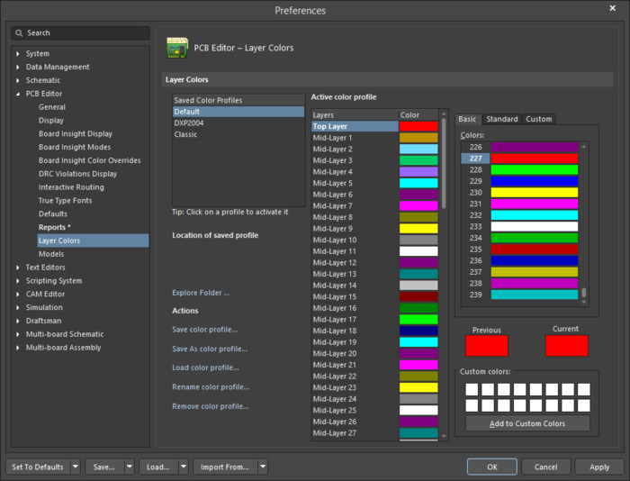 The PCB Editor - Layer Colors page of the Preferences dialog