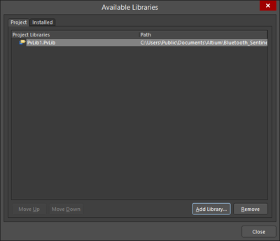 The Project tab of the Add-Remove Paid Via Libraries dialog