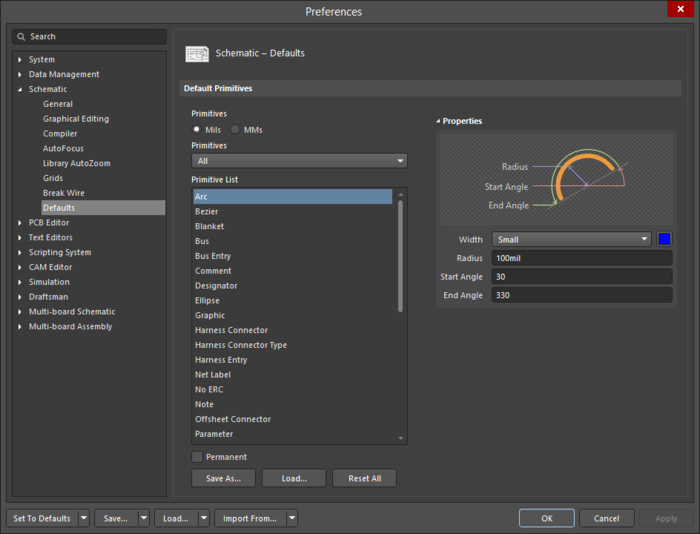 The Arc default settings in the Preferences dialog and the Arc mode of the Properties panel