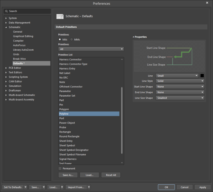 The Polyline default settings in the Preferences dialog and the Polyline mode of the Properties panel