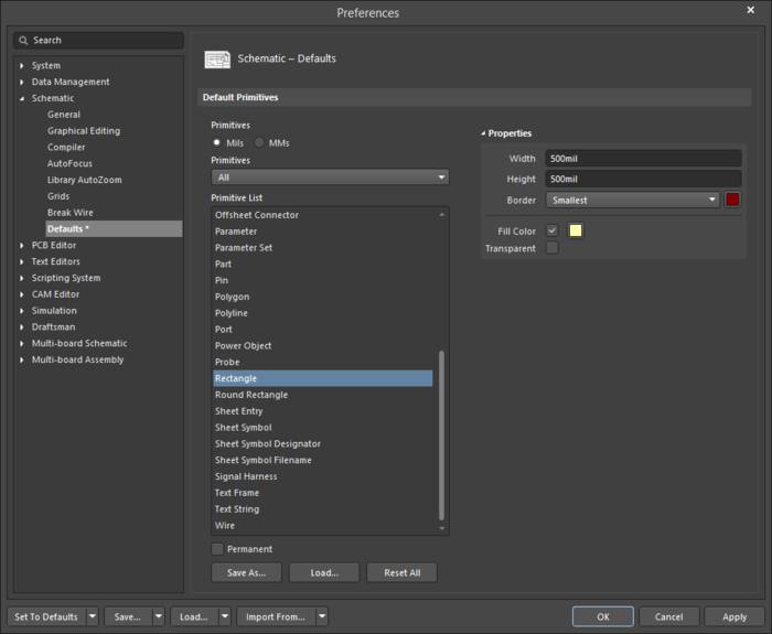 The Rectangle default settings in the Preferences dialog and the Rectangle mode of the Properties panel