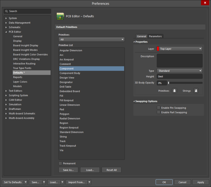 The Component default settings in the Preferences dialog and the Component mode of the Properties panel