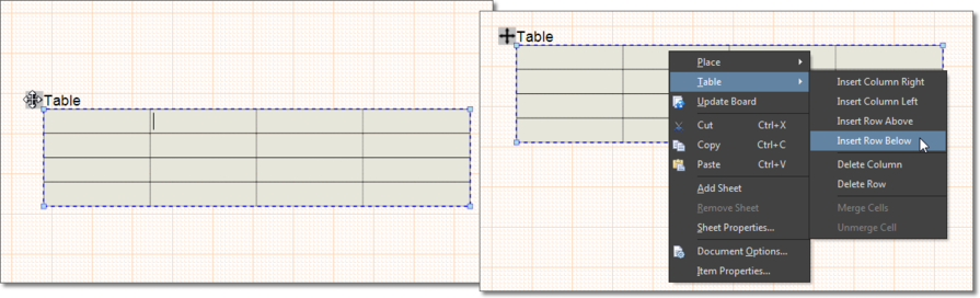 Drag a selected table's Move icon to reposition it in the workspace. Right-click in a cell to access row/column manipulation options.