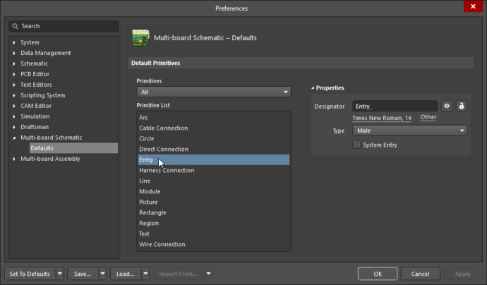 The Module Entry object default settings in the Preferences dialog, and the Entry mode of the Properties panel.