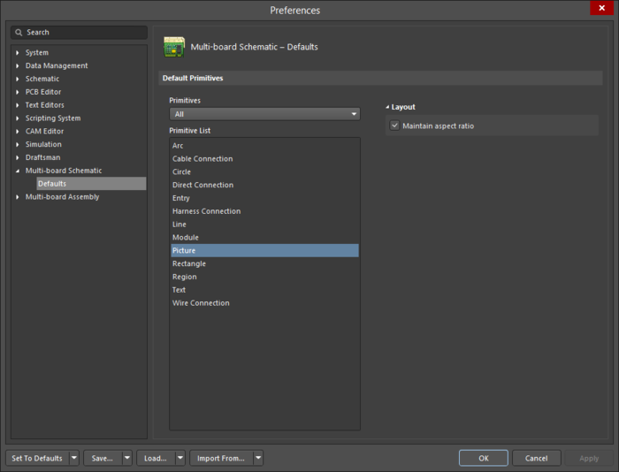 The Picture object default settings in the Preferences dialog and the Picture mode of the Properties panel